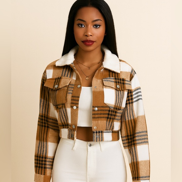 Passion of Essence Jackets & Blazers - Boho Button Plaid Faux Fur Collar Jacket, Casual Long Sleeve Crop Jacket